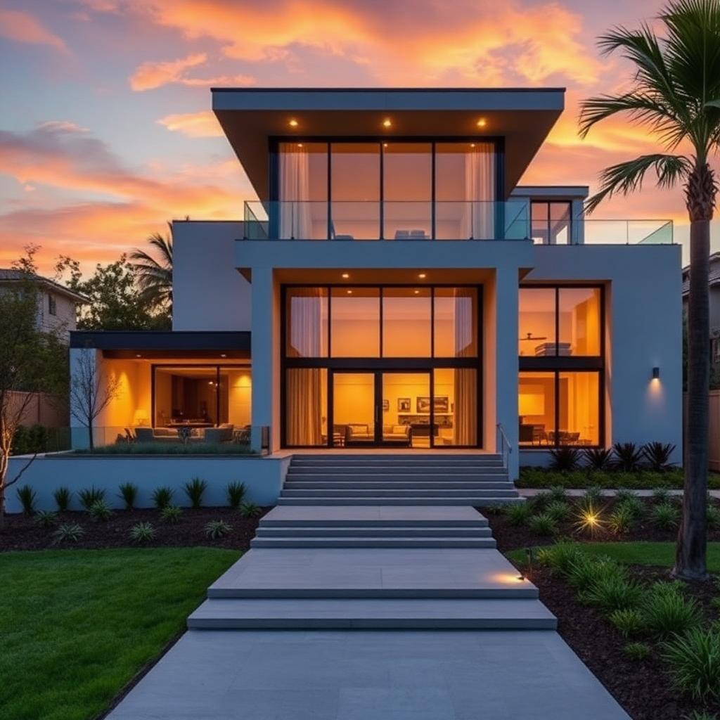 Modern villa built by Eagle Building Construction at sunset