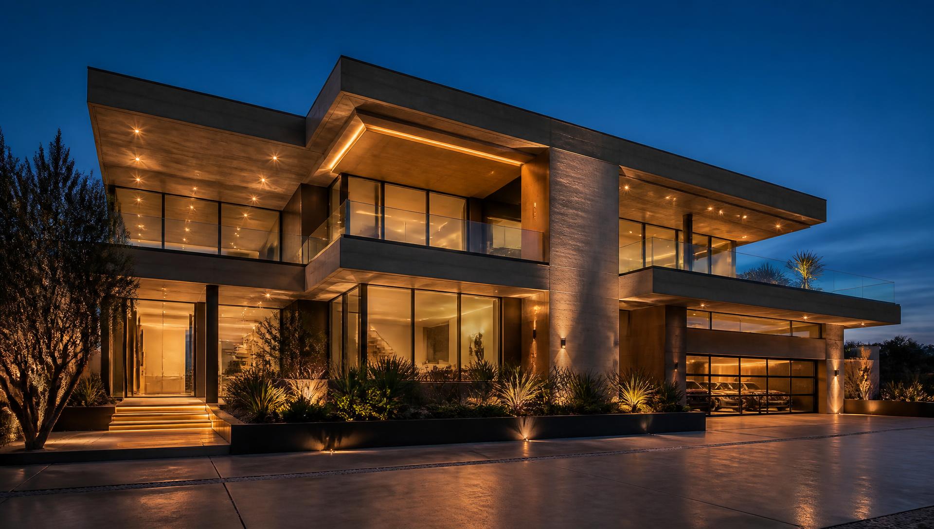 Modern illuminated building constructed by Eagle Building Construction